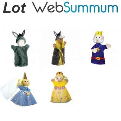 Lot de 5 marionnettes gant en tissu, Peau d\'ane, le roi, la fee et la princesse -LWS-373