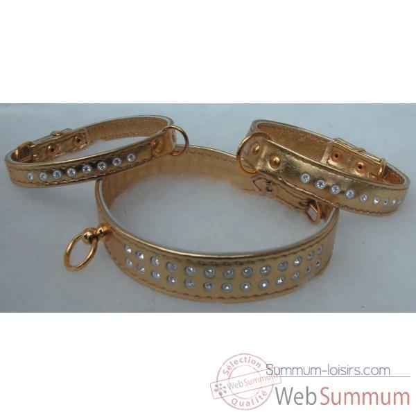 Collier cuir veau glace or 16mm l. 31cm-1 rg strass- boucl doree Sellerie Canine Vendeenne 31544