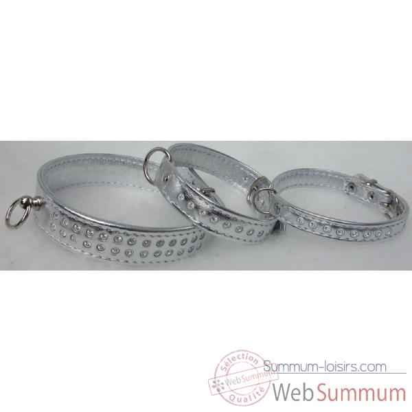 Collier cuir veau glace argent double 12mm l. 31 cm a strass Sellerie Canine Vendeenne 31512